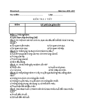 Đề kiểm tra một tiết môn Khoa học lớp 5 - Năm học 2016-2017